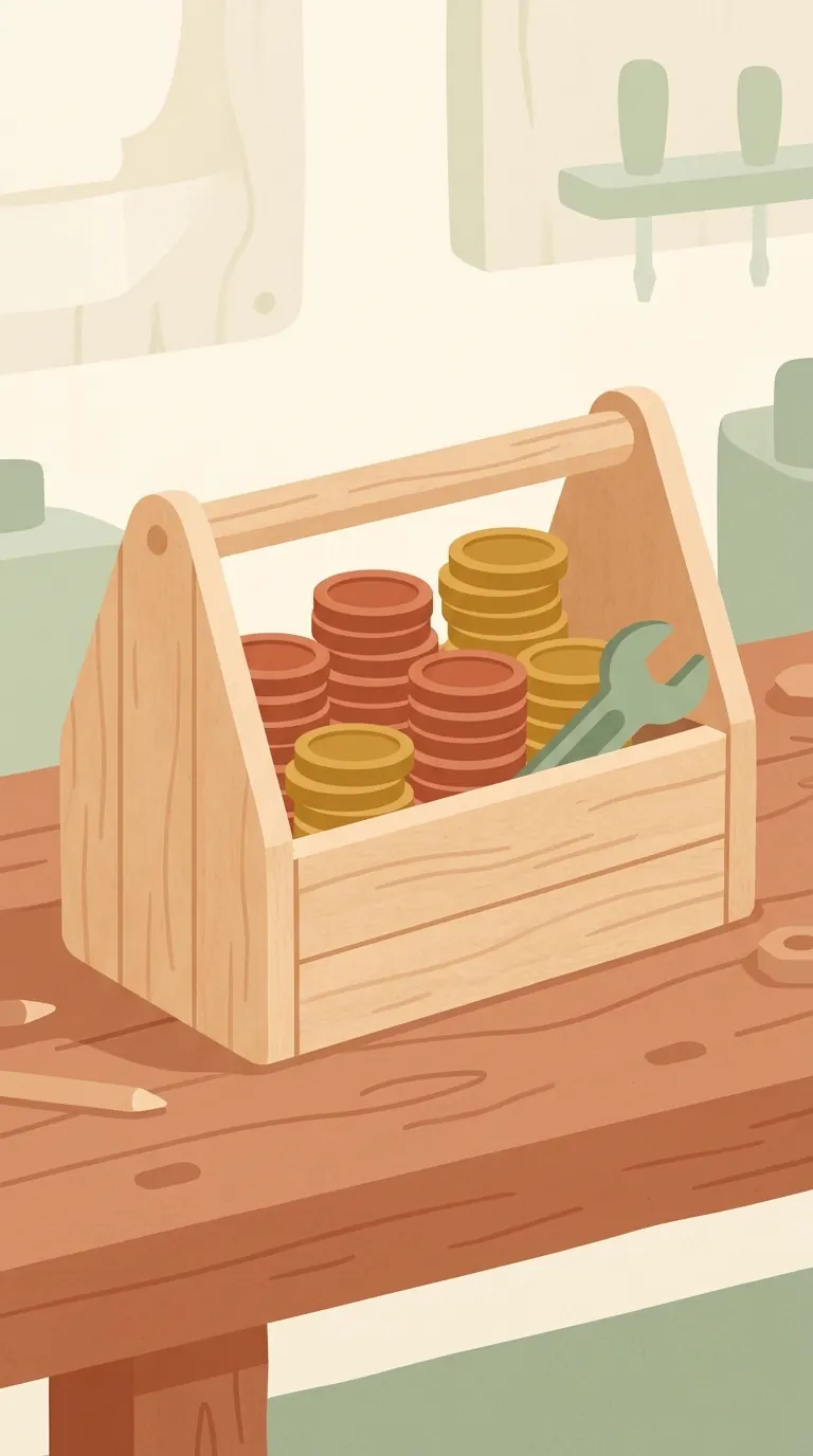 Caja de herramientas de madera llena de monedas