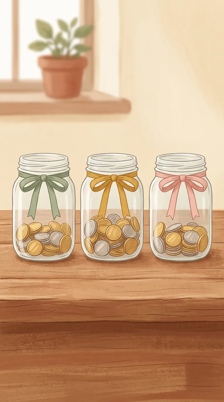 Tres frascos de cristal con lazos y monedas sobre una mesa de madera
