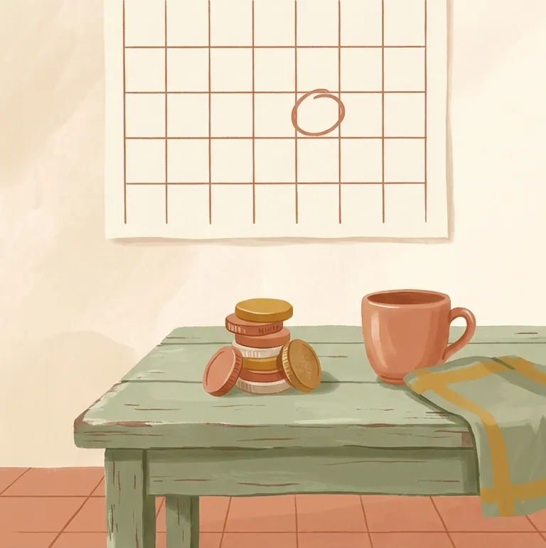 Calendario en la pared con un día marcado y una pila de monedas sobre una mesa